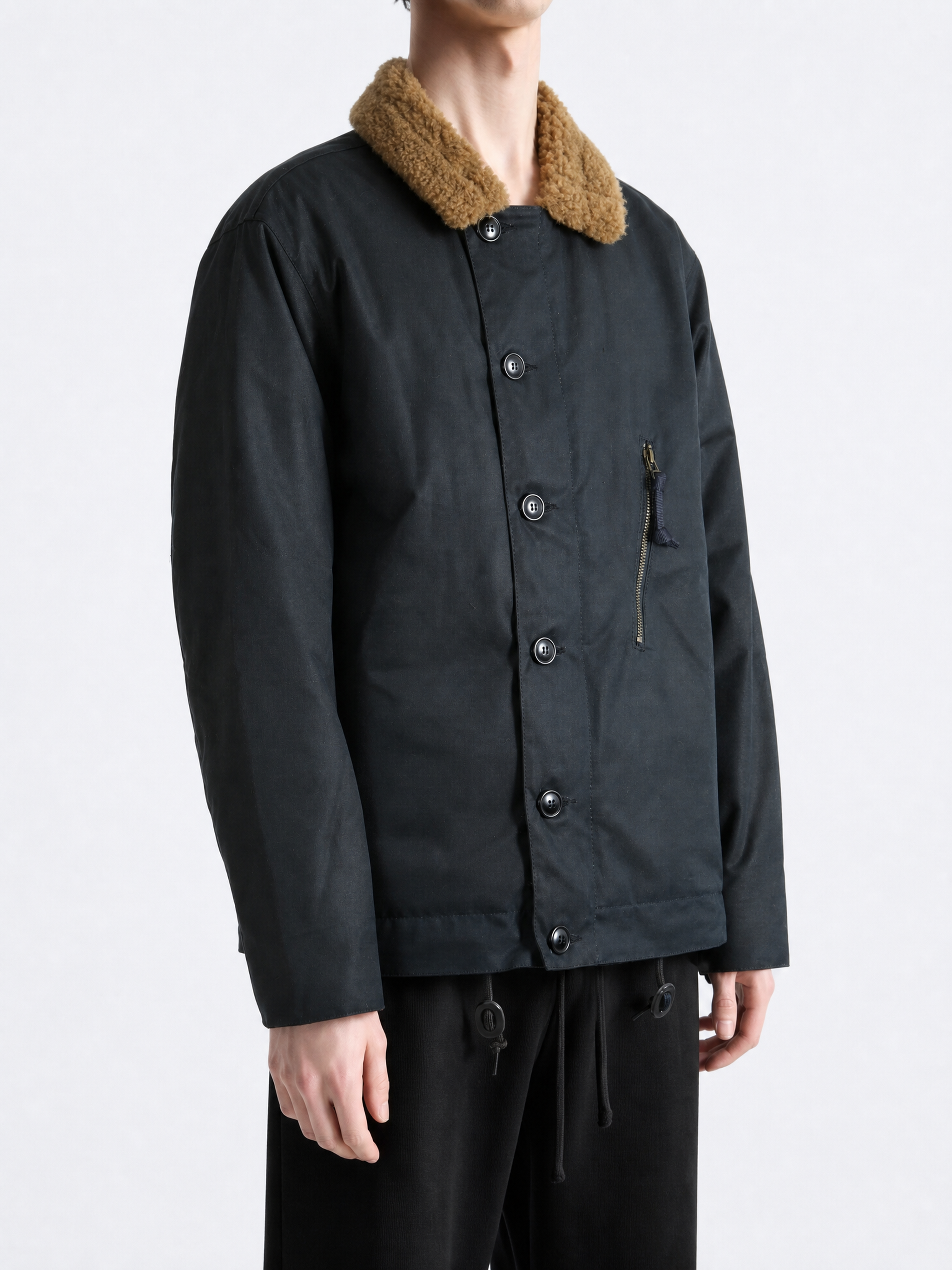 Black jacket worn by a person, showing the jacket fit