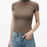 Brown t-shirt worn by a person, showing the t-shirt fit