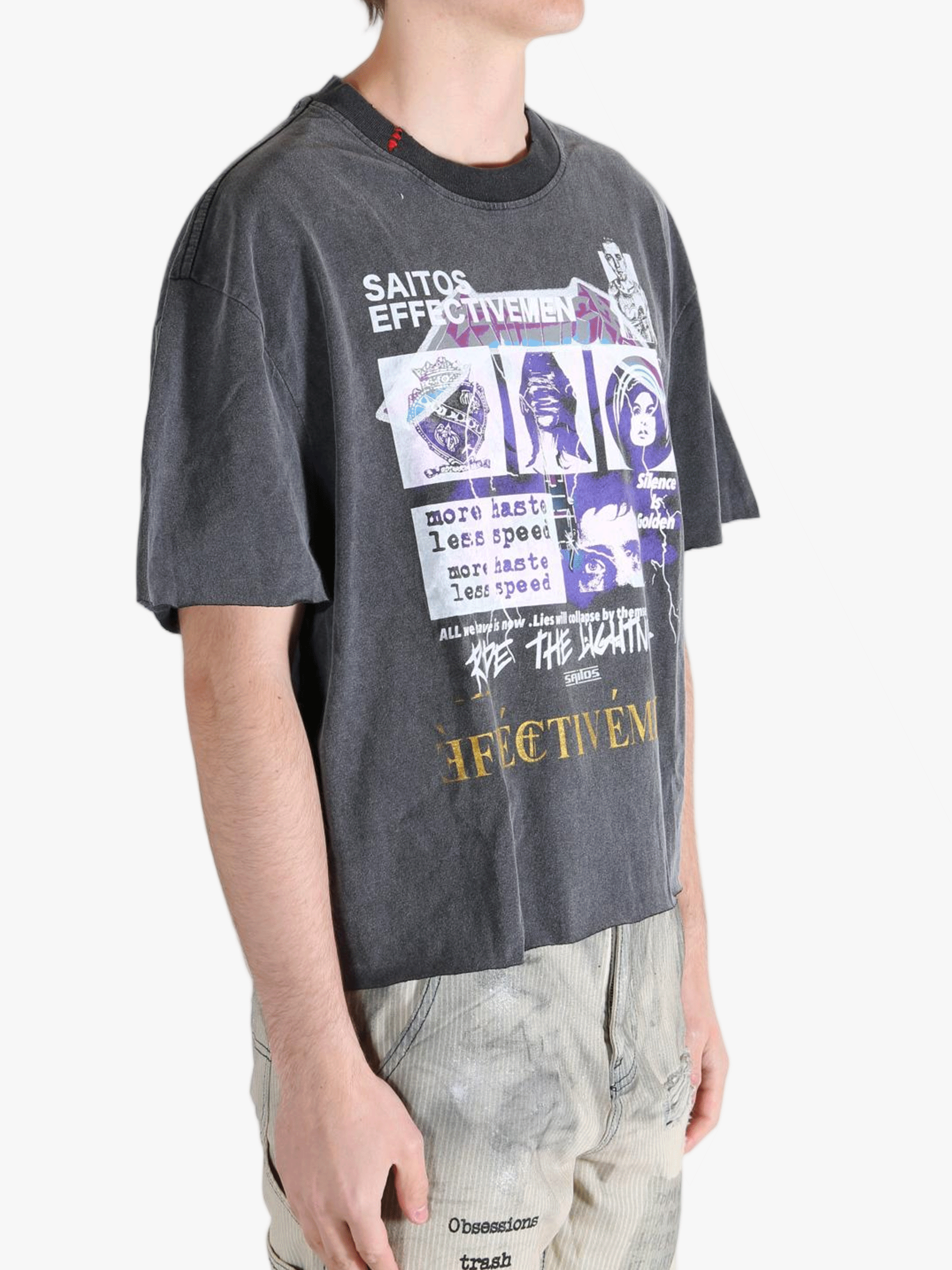 Black t-shirt worn by a person, showing the t-shirt's fit