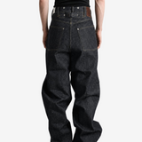 Navy pants, full body view