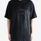 Black t-shirts worn by a person, showing the t-shirts' fit