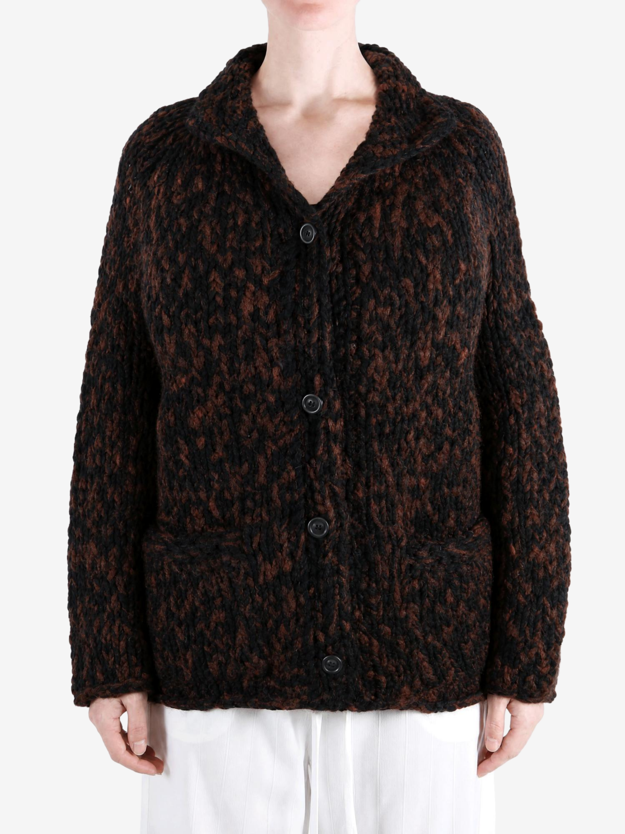 Brown knitwear, full body view