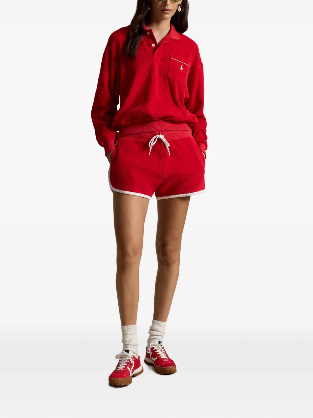 Red knitwear, full body view