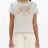 Tan t-shirt, full body view
