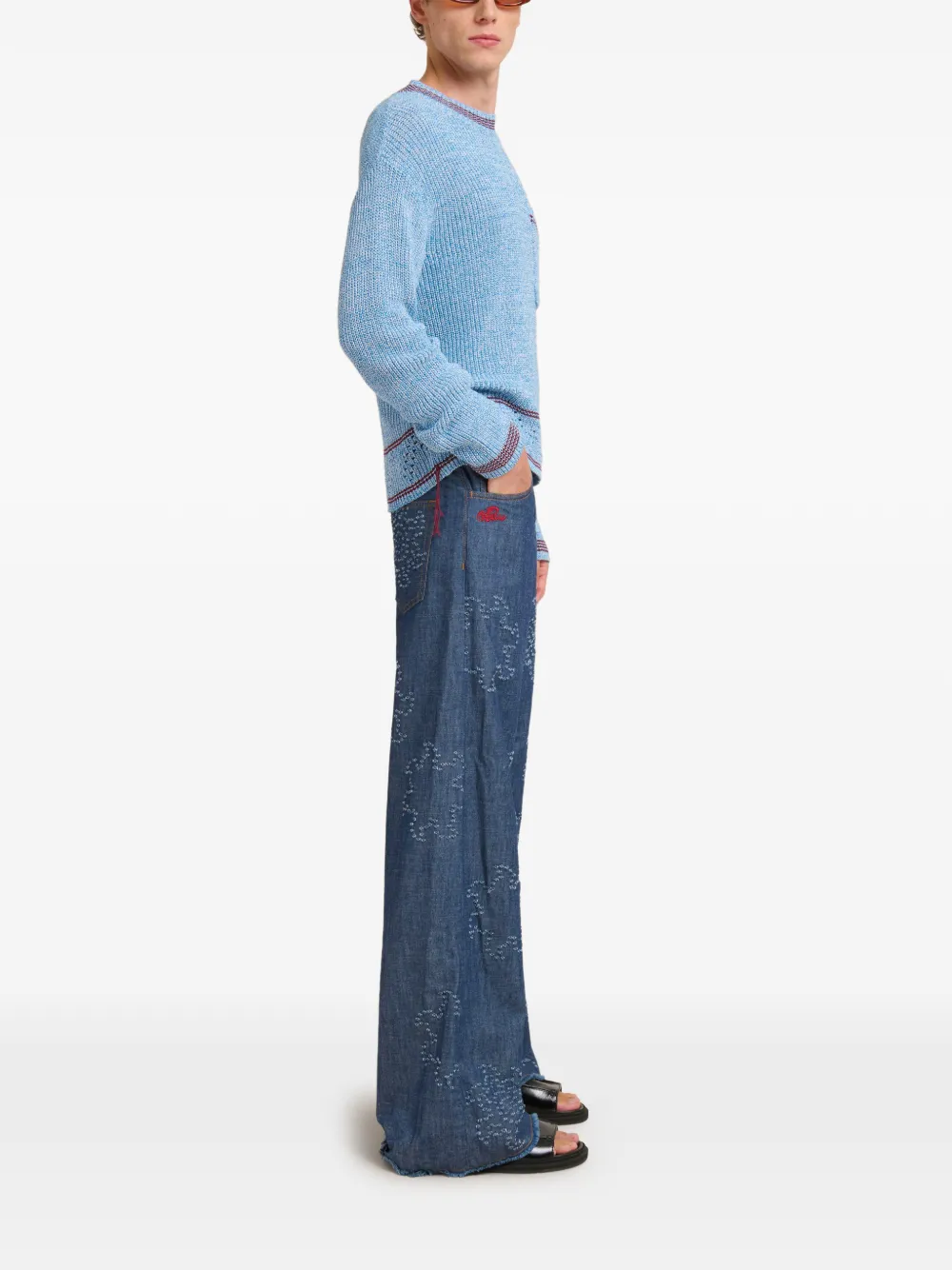 blue sweater, full body view