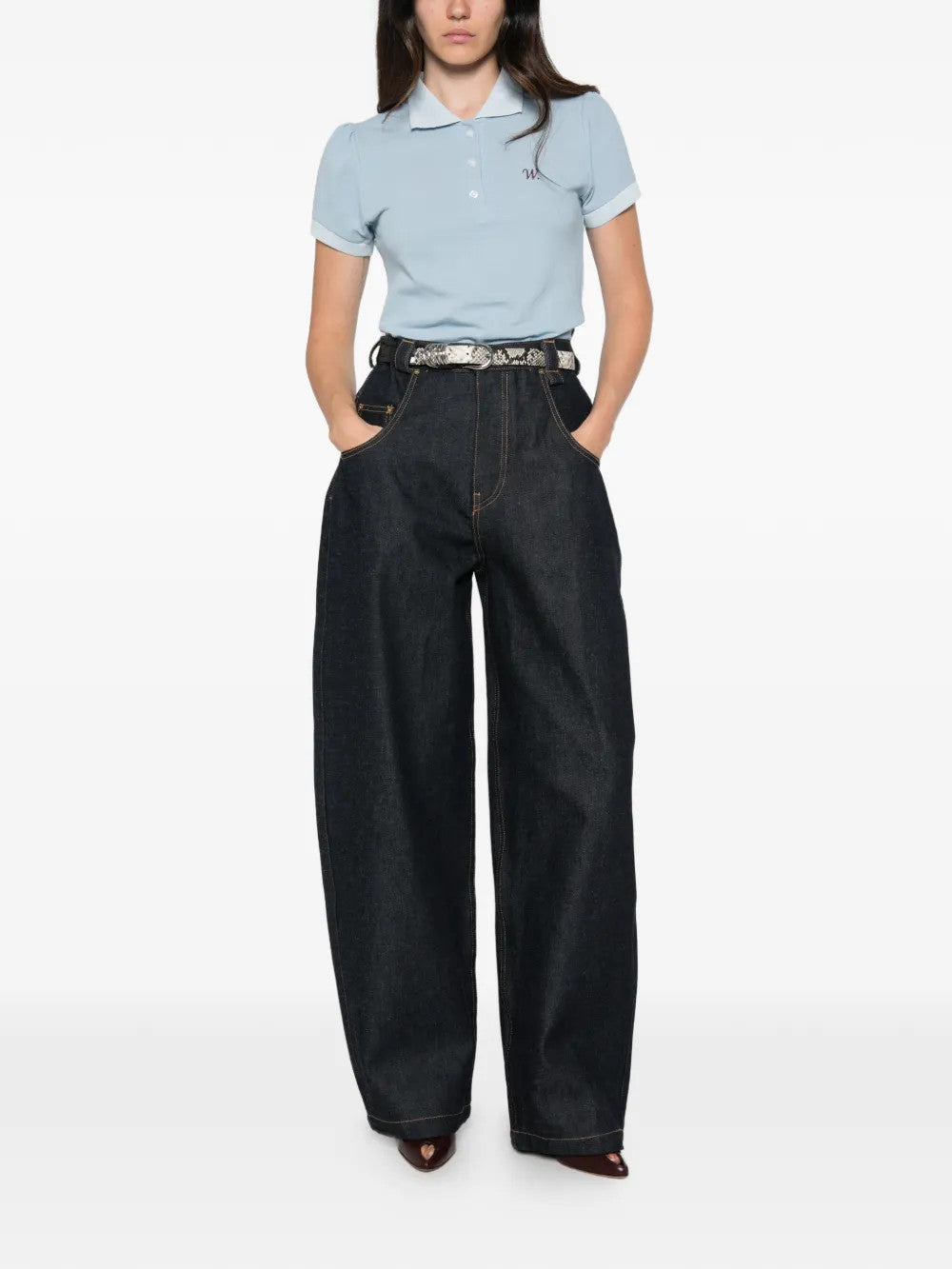 Blue top, full body view