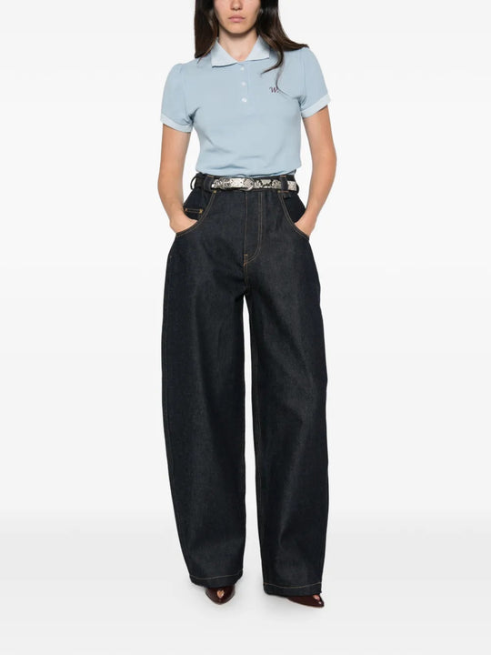 Blue top, full body view
