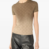 Brown t-shirt worn by a person, showing the t-shirt fit