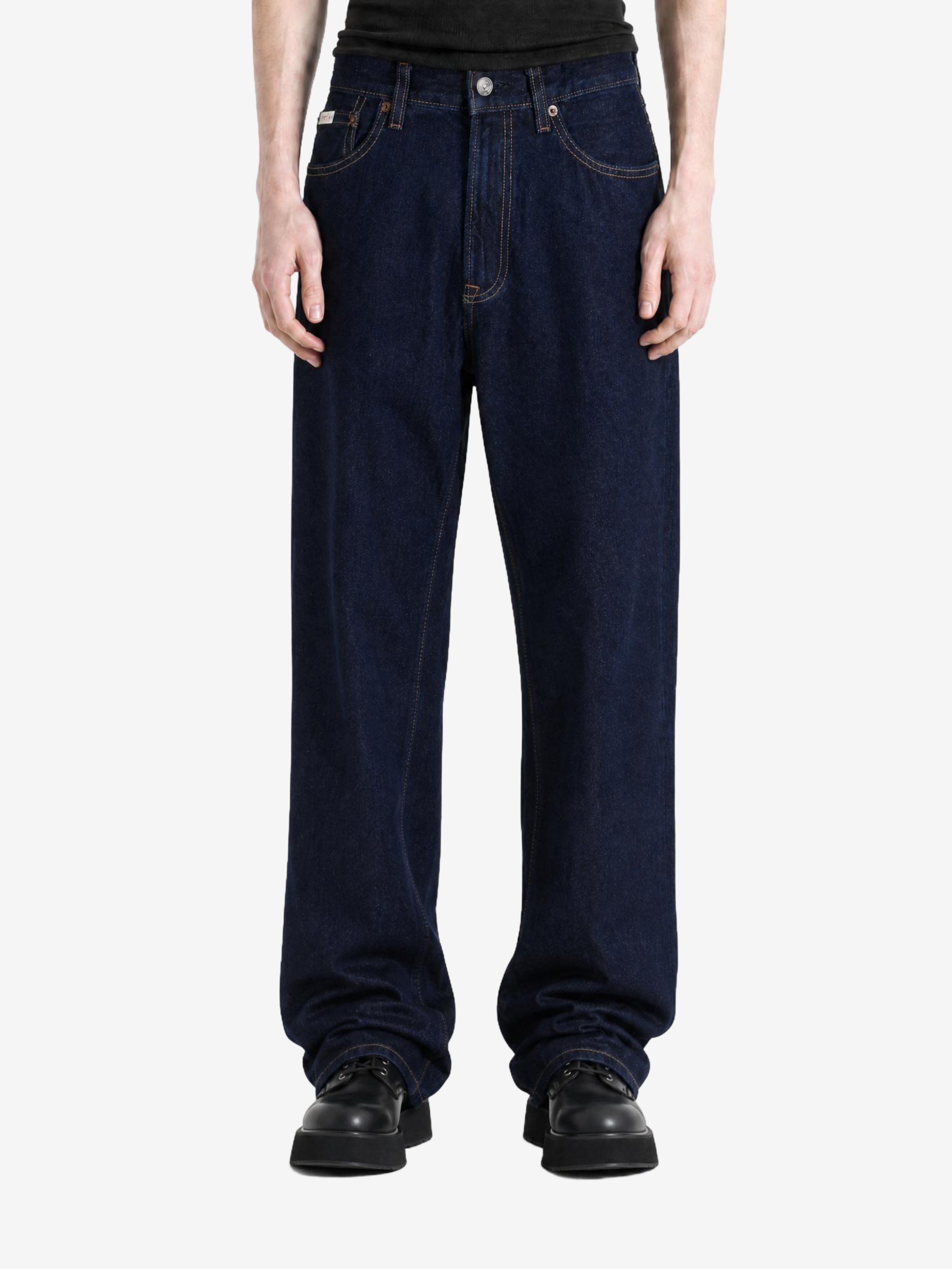 Navy jeans, full body view