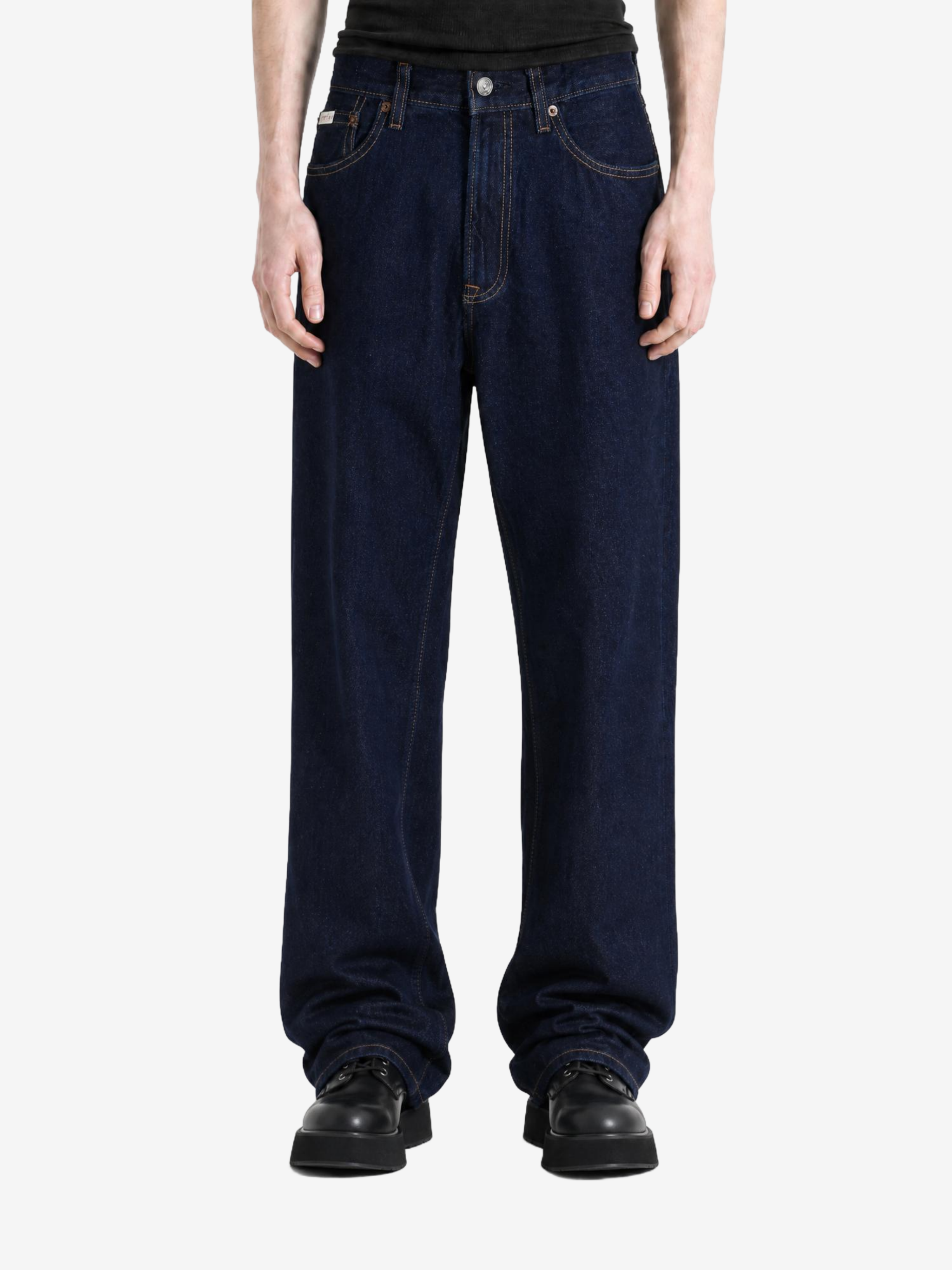 Navy jeans, full body view