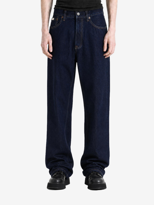 Navy jeans, full body view