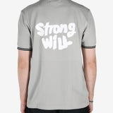 Grey shirt worn by a person, showing the shirt's fit 