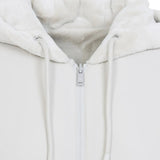 Close up of White jacket, showing texture of the 100% polyester fabric