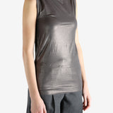 Grey tops worn by a person, showing the tops fit