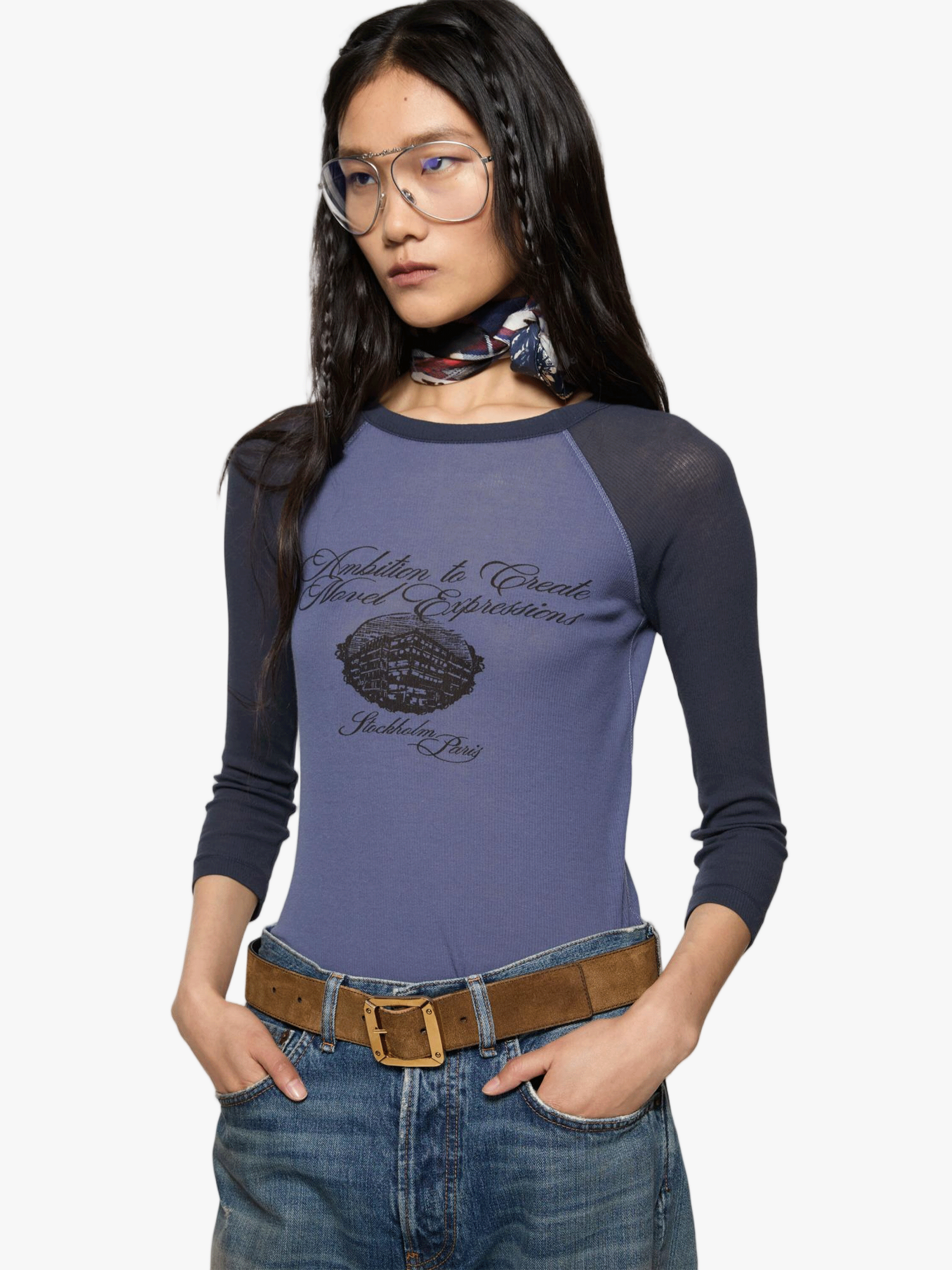 Blue t-shirt worn by a person, showing the t-shirt fit