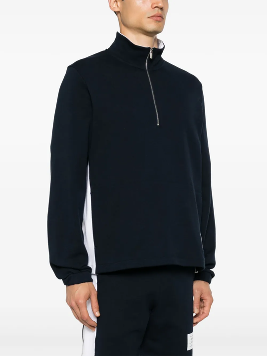 Navy pullover worn by a person, showing the pullover fit