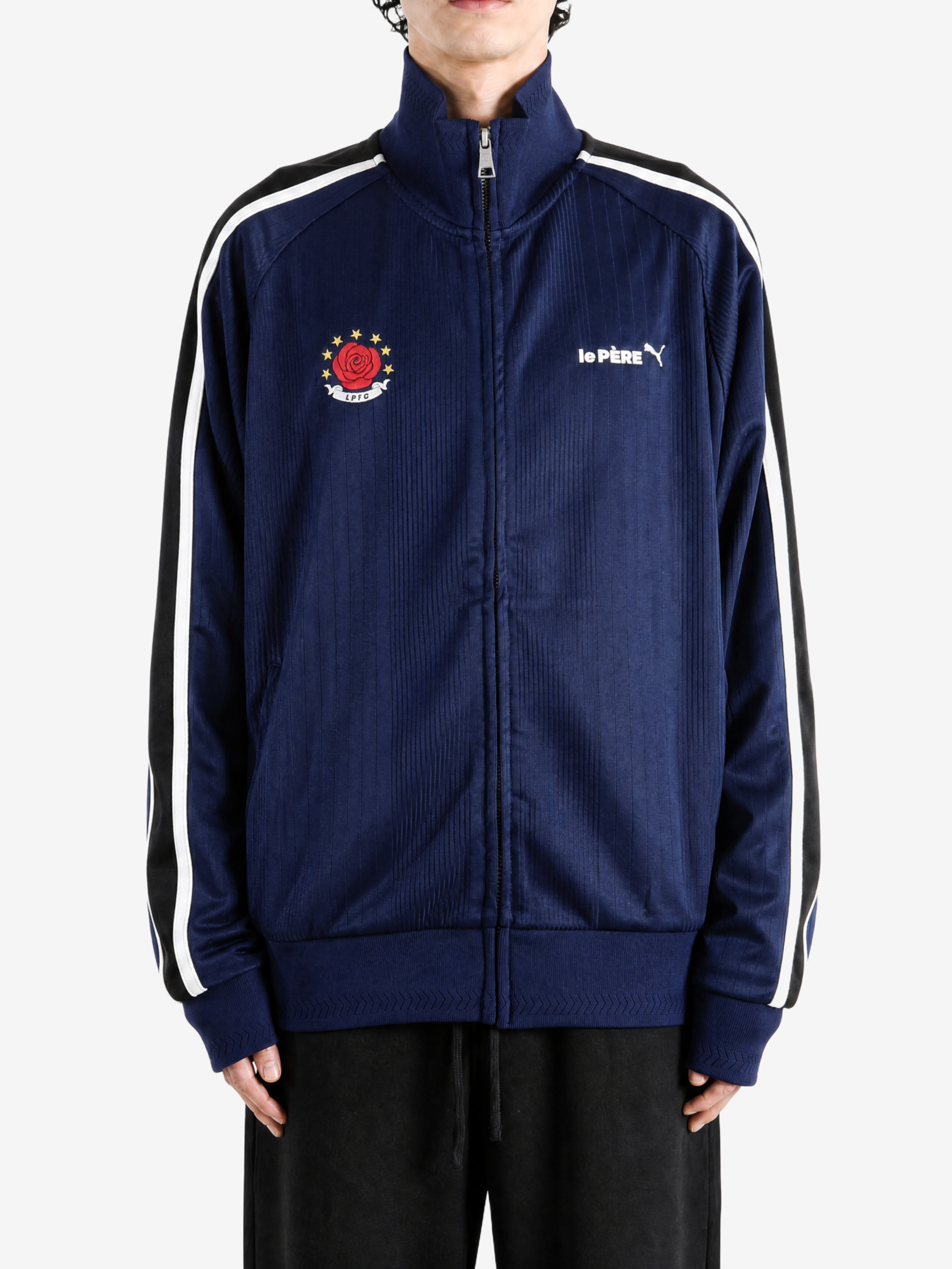 Navy jacket, full body view