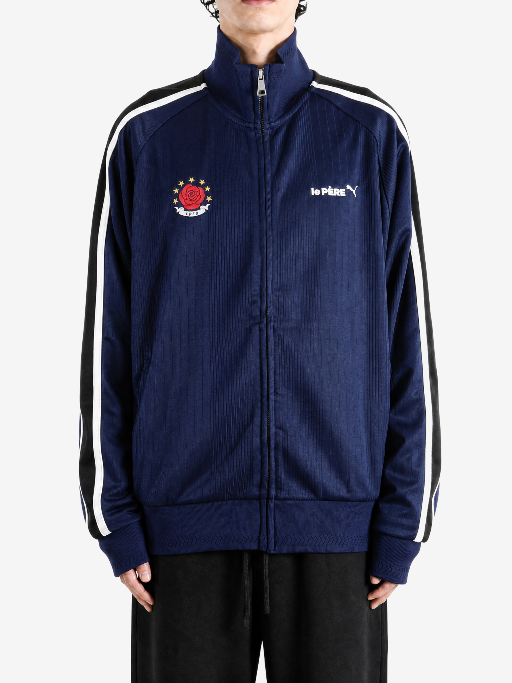 Navy jacket, full body view
