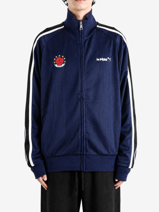 Navy jacket, full body view