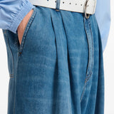 Blue pants worn by a person, showing the pants fit