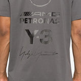 Close up of the grey t-shirt, showing texture of the cotton fabric