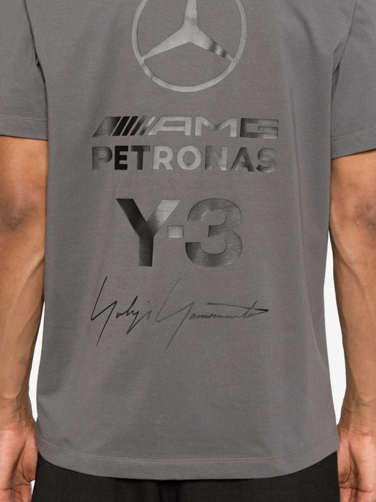Close up of the grey t-shirt, showing texture of the cotton fabric
