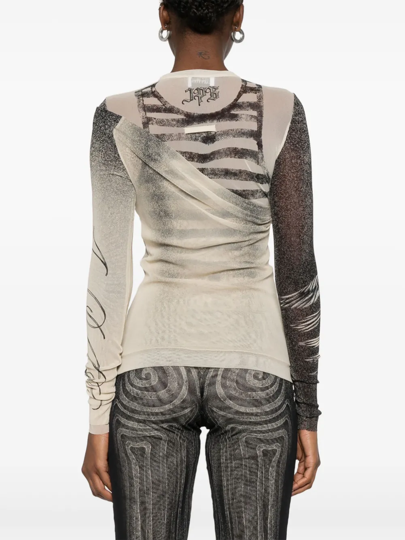 JEAN PAUL GAULTIER - Women Printed "Tattoo Rose & Bird" Double Layer Mesh Top