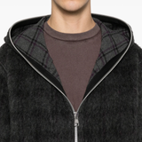 Close up of black hoodie, showing texture of the Wool fabric