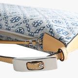 Close up of blue bag, showing texture of the textile fabric