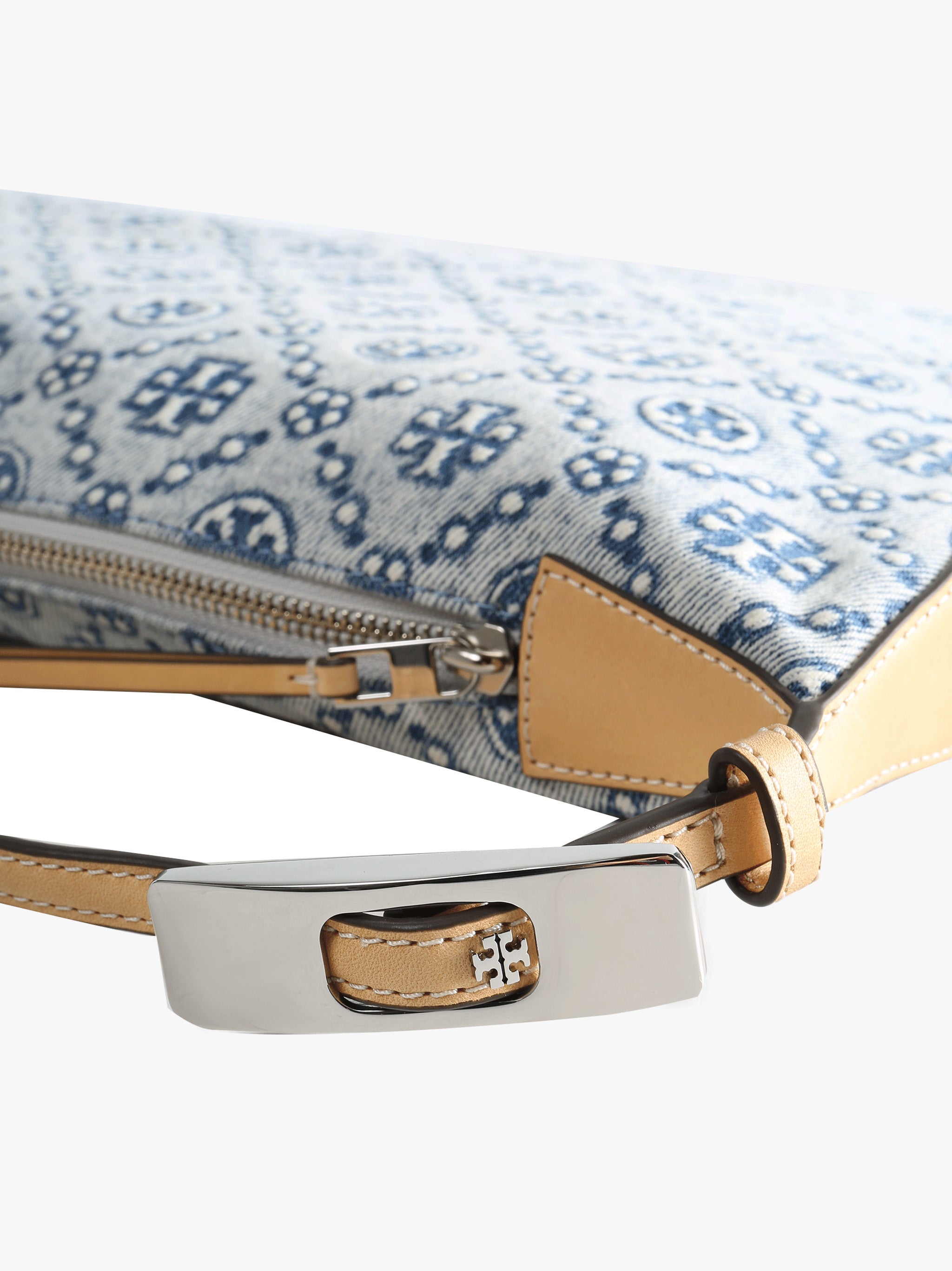 Close up of blue bag, showing texture of the textile fabric