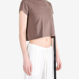 Brown t-shirt worn by a person, showing the t-shirt fit