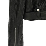 Close up of black jacket, showing texture of the leather fabric