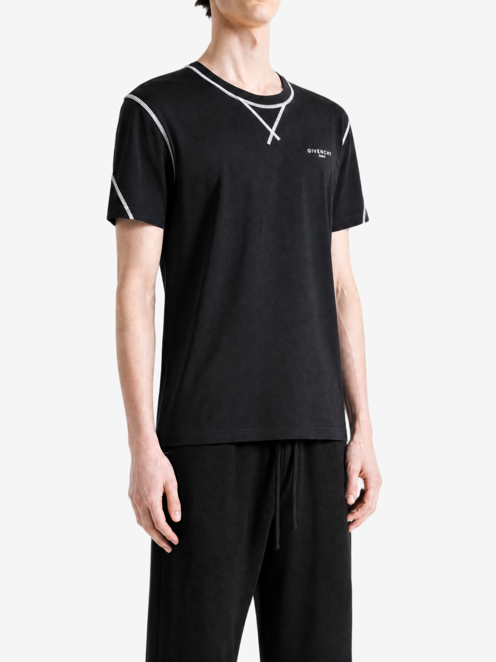 Black t-shirt, full body view
