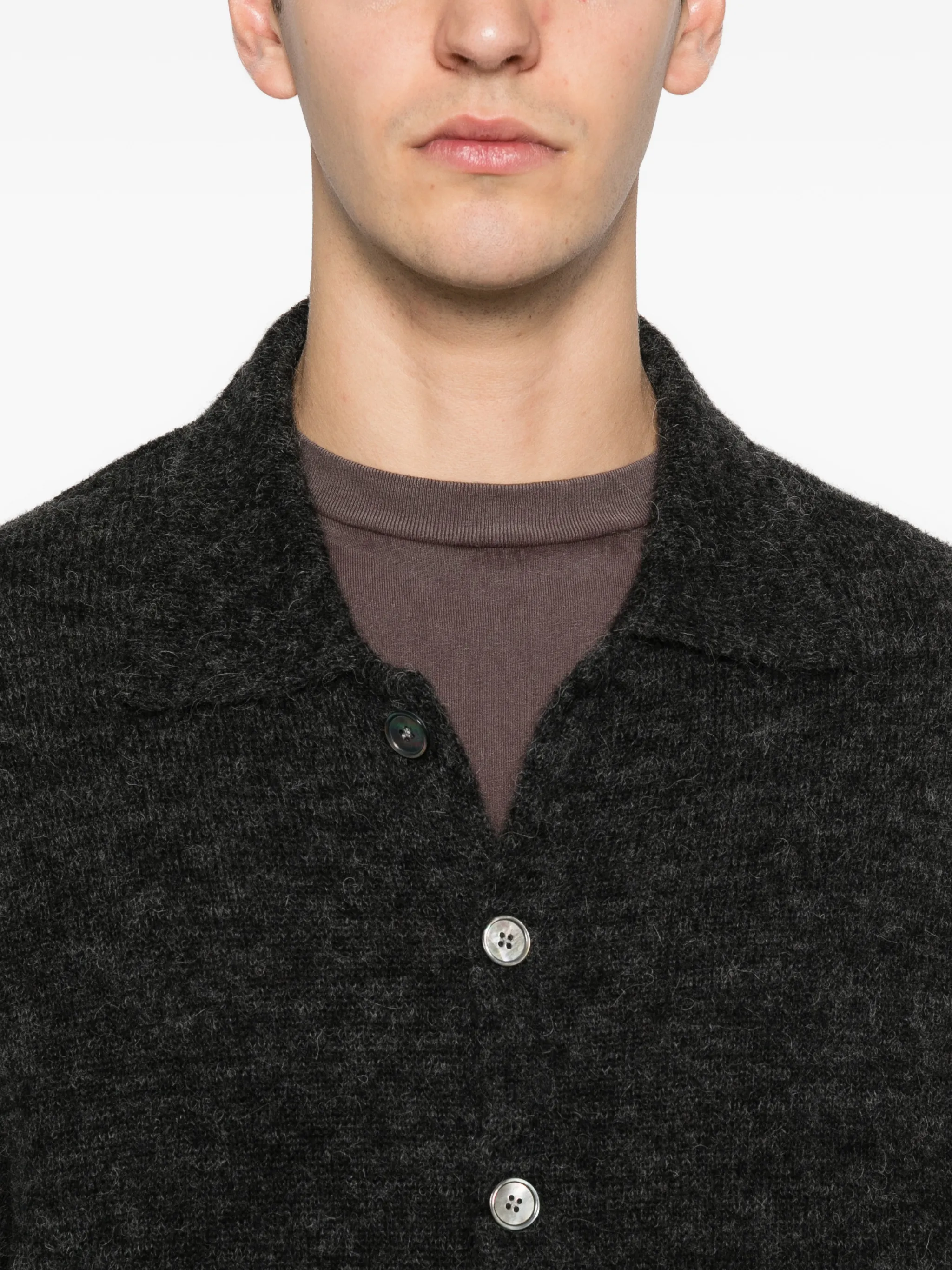 Close up of grey shirt, showing texture of the Alpaca Wool fabric