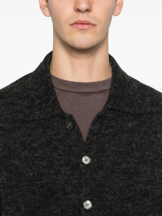 Close up of grey shirt, showing texture of the Alpaca Wool fabric