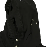 Close up of black hoodie, showing texture of the Cotton fabric