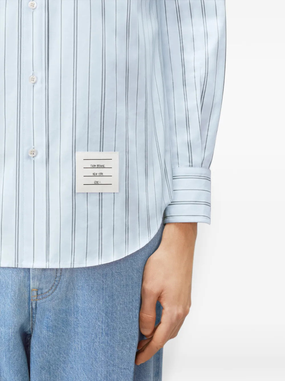 Close up of Blue shirt, showing texture of the 100% cotton fabric