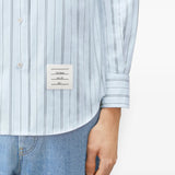 Close up of Blue shirt, showing texture of the 100% cotton fabric