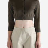 Brown cardigan worn by a person, showing the cardigan's fit