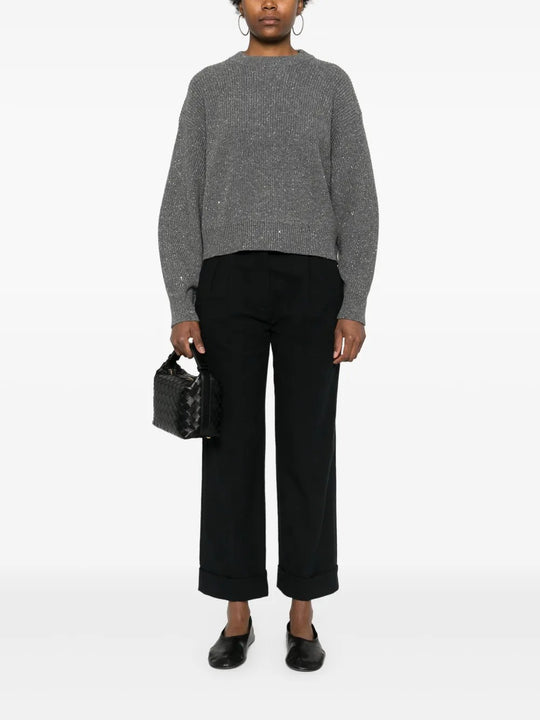 Grey knitwear, full body view