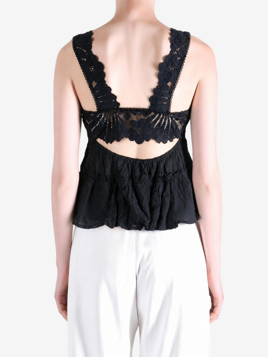 Black top worn by a person, showing the top fit