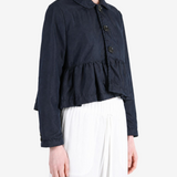 Navy jacket worn by a person, showing the jacket fit
