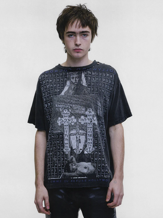 Black t-shirt, full body view