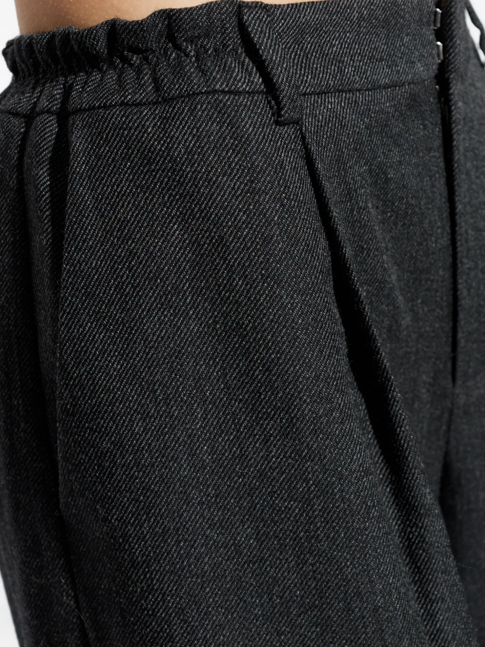 Close-up of black pants, showing texture of the wool fabric
