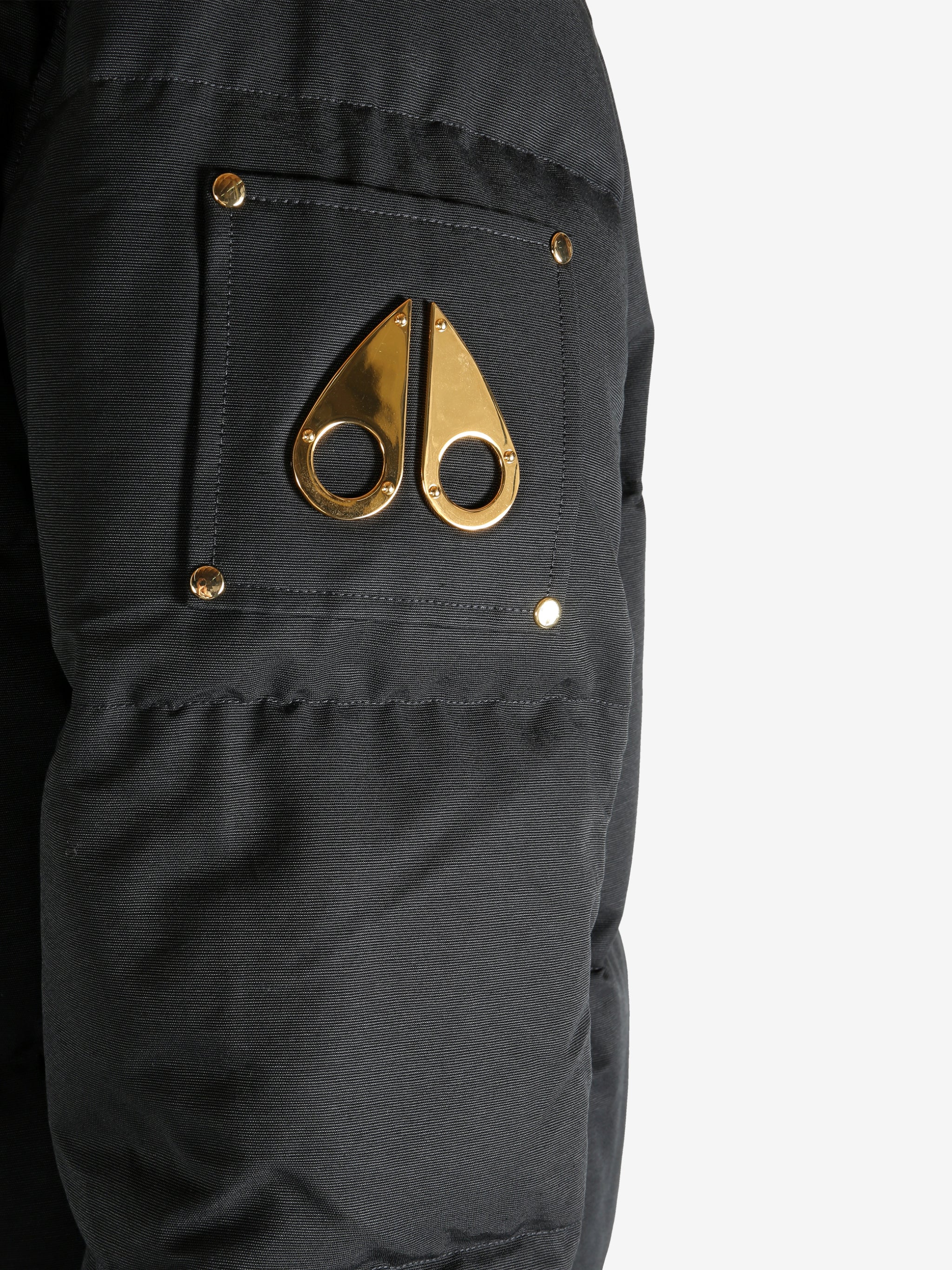 Close up of black jacket, showing texture of the cotton fabric