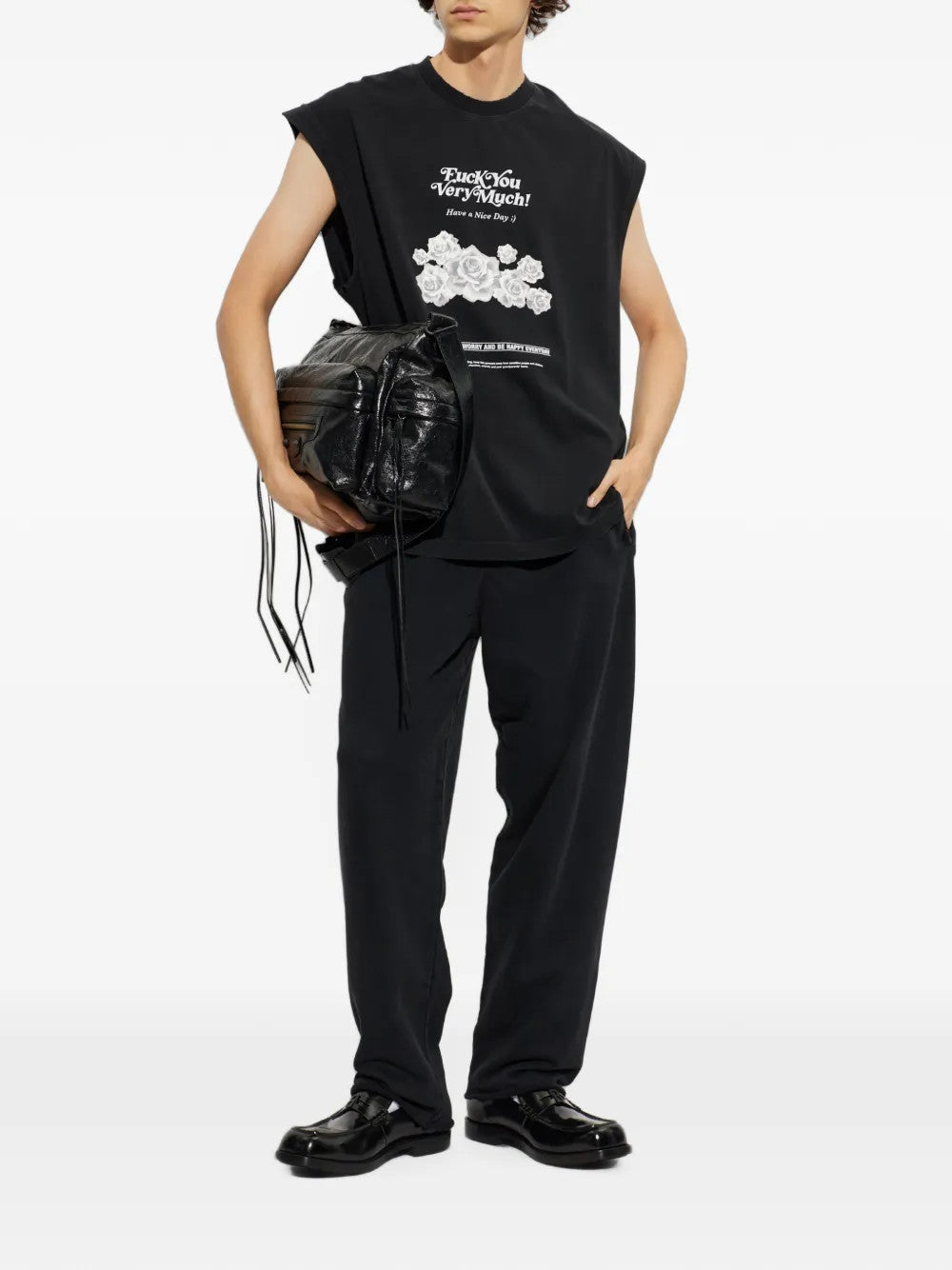Black t-shirt, full body view