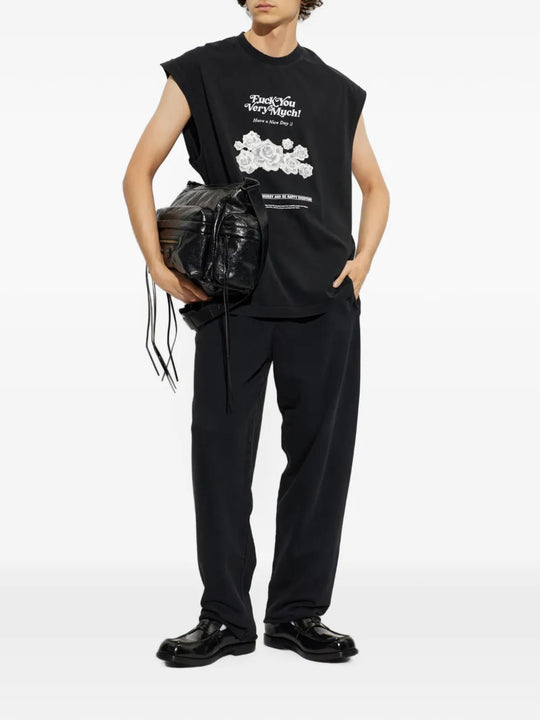Black t-shirt, full body view