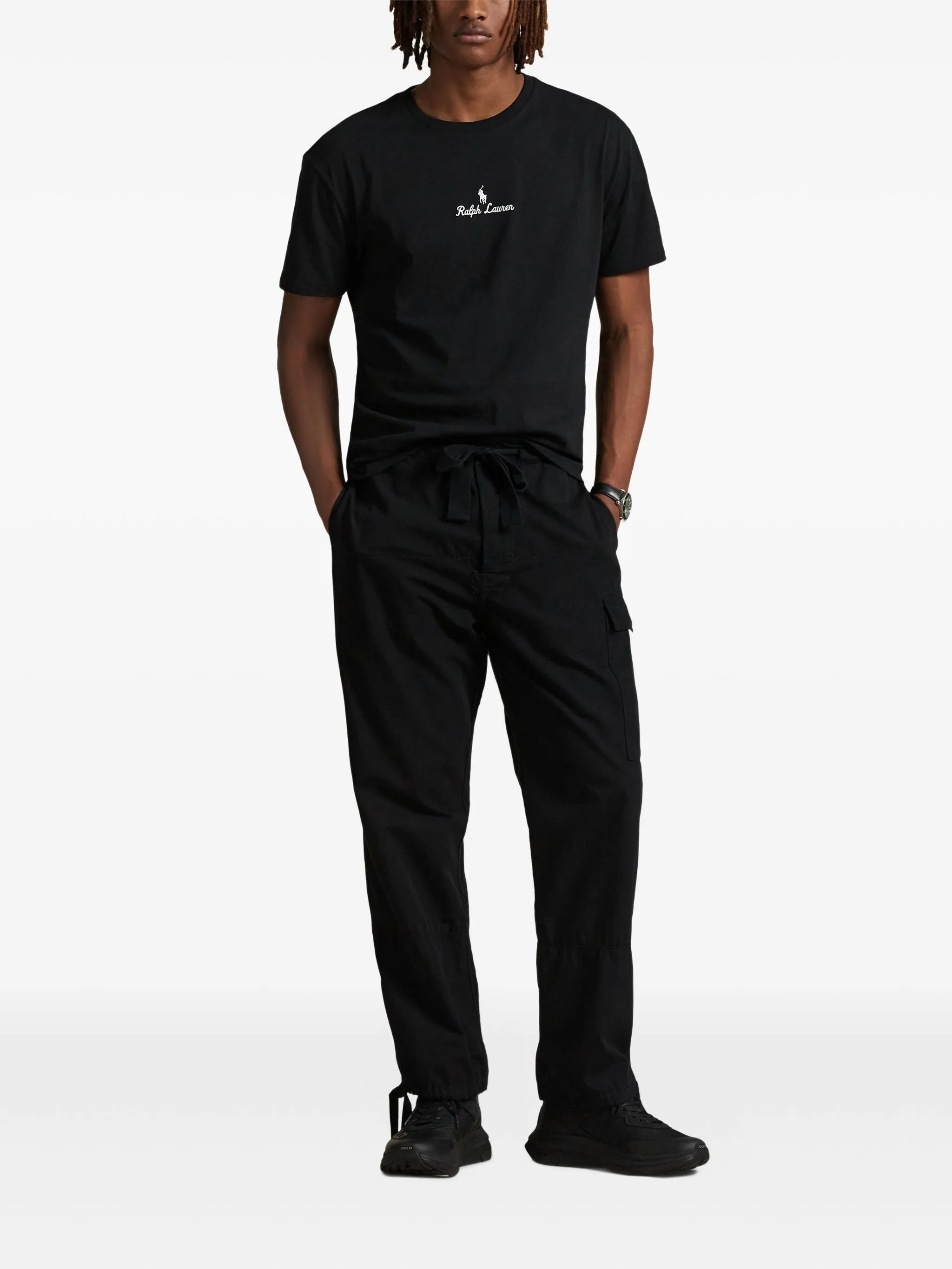 black t-shirt, full body view