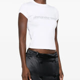 White t-shirt worn by a person, showing the shirt's fit