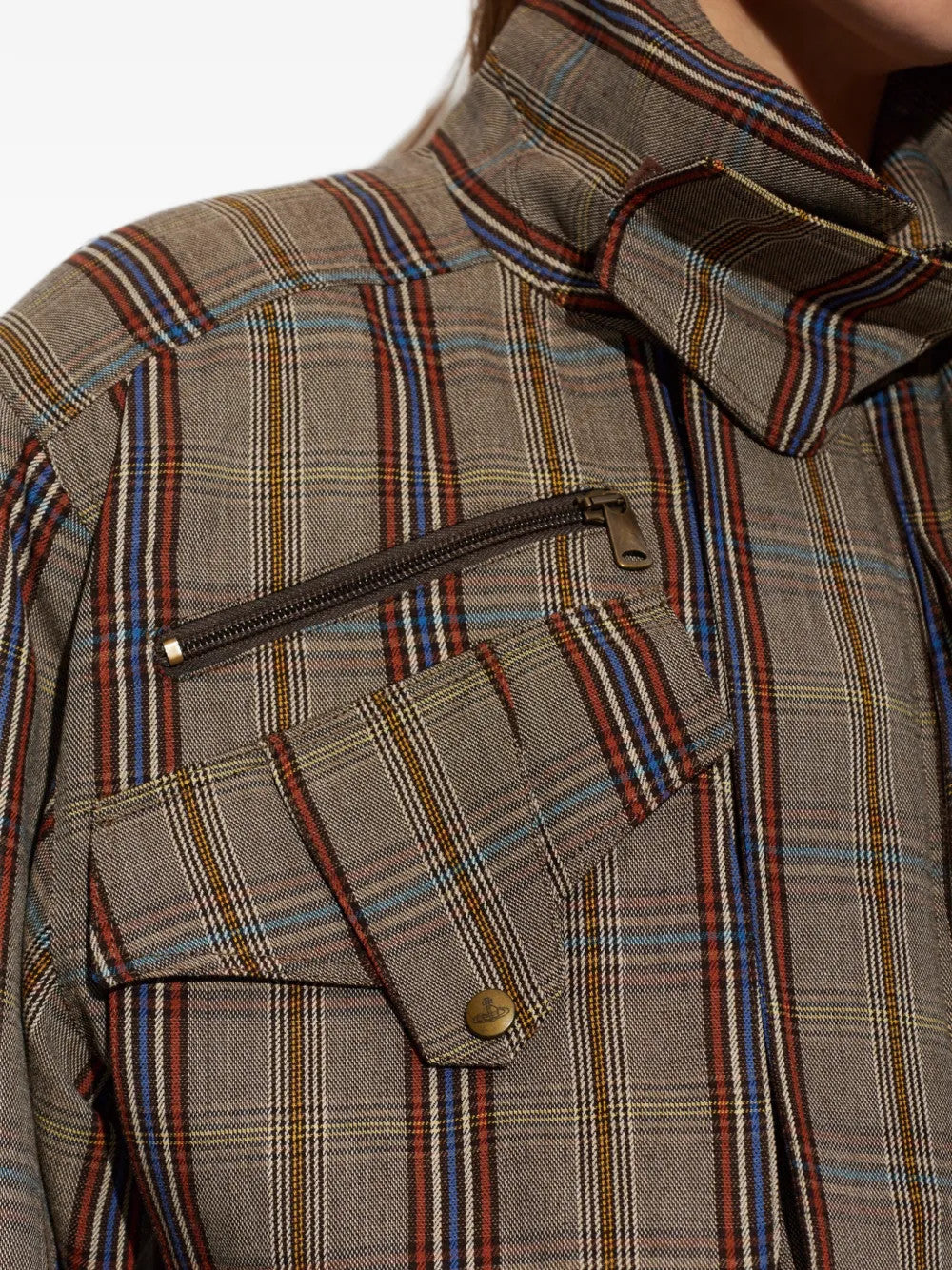 Close up of Brown jacket, showing texture of the 89% viscose/ 11% wool fabric